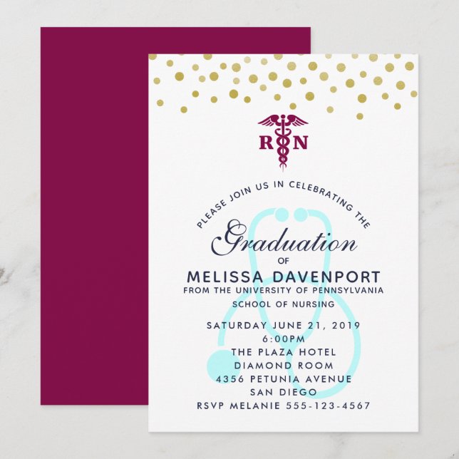 Stilfull Caduceus och Stetoskop Sjuksköterskaexame Inbjudningar (Fram/baksida)