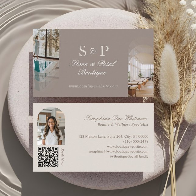 Stilfull Chic Elegant Båge Fotos Monogram QR-kod Visitkort (Stylish Chic Elegant Arch Photos Monogram QR Code Business Card)