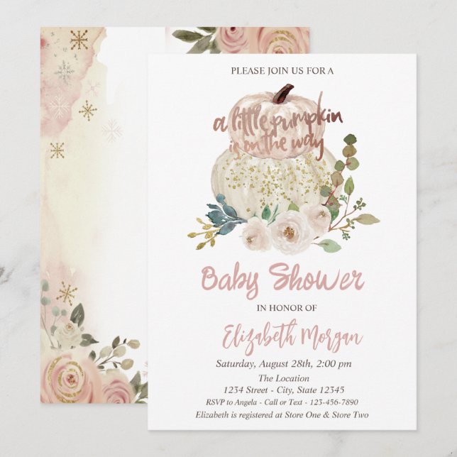 Stilfull Chic Pumpa, Blommor Baby Shower Inbjudningar (Fram/baksida)