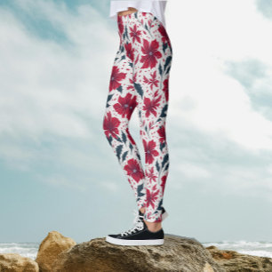 Stilfull Chic Röd Vit Poinsettia Blommönster  Leggings