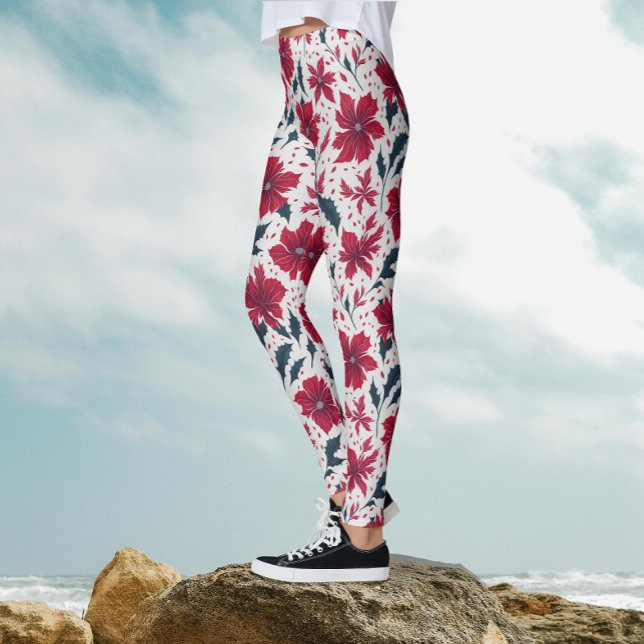 Stilfull Chic Röd Vit Poinsettia Blommönster  Leggings (Skapare uppladdad)