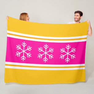 Stilfull Chic Rosa Vitt Gula Ränder Snöflingor Fleecefilt