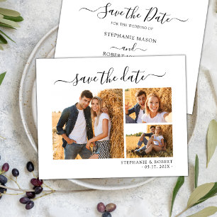 Stilfull Chic Script 3 Foto Collage Bröllop Spara Datumet