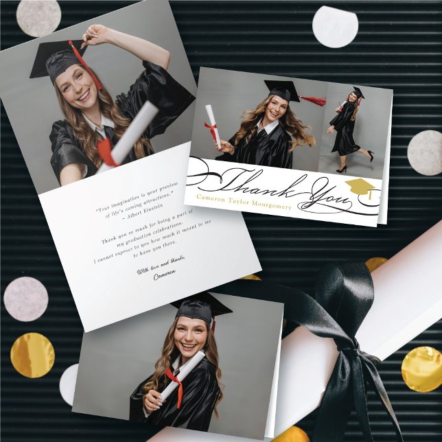 Stilfull Chic Script Examen Hatt 2 Foto Grad Tack Kort (Stylish Chic Script Graduation Cap 2 Photo Grad Thank You Folded Card @ zazzle.com/color_therapy)