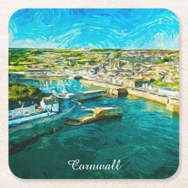 Stilfull Cornwall England Kustlandskap Oljemålning Underlägg Papper Kvadrat