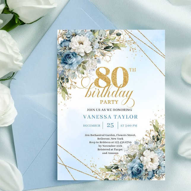 Stilfull dammig blå blomsterguld 80-års födelsedag inbjudningar (Stylish Dusty Blue Floral Gold 80th Birthday Invite Pro

)