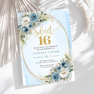 Stilfull dammig blå blomsterguld Sweet 16-inbjudan Inbjudningar