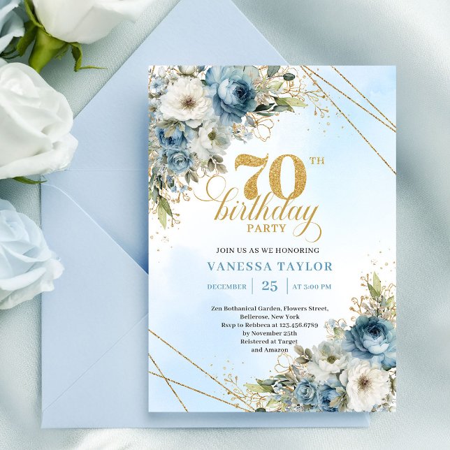 Stilfull dammig blå eukalyptus guld 70-årsfirande  inbjudningar (Stylish dusty blue eucalyptus gold 70th birthday invite

)