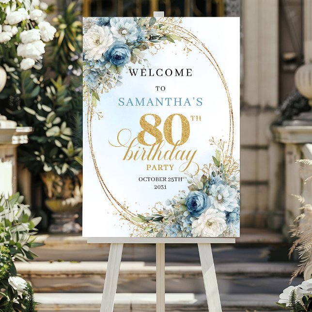 Stilfull dammig blå eukalyptus guld 80-årsdag  poster (Stylish dusty blue eucalyptus gold 80th birthday sign

)