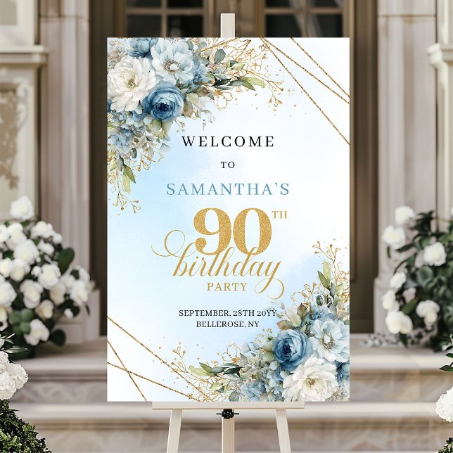 Stilfull dammig blå eukalyptus guld 90-årsdag   poster (Stylish dusty blue eucalyptus gold 90th birthday sign

)