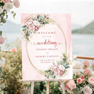Stilfull dammig rosa blomstergrönska bröllop välko poster