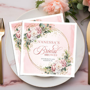 Stilfull dammig rosa blomstergrönska bröllopsdusch pappersservett