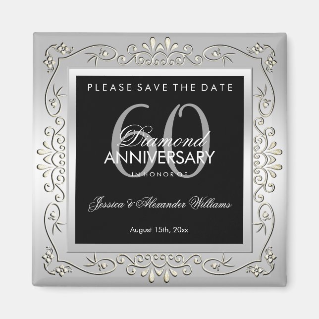 Stilfull dekorativ silver 60-års bröllopsjubileum magnet (Framsidan)