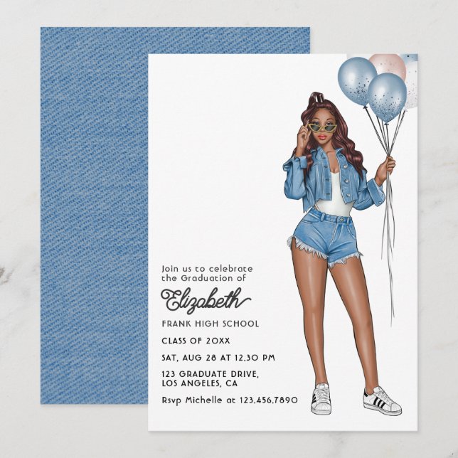 Stilfull Denimflicka med Ballonger Examenfest Inbjudningar (Fram/baksida)