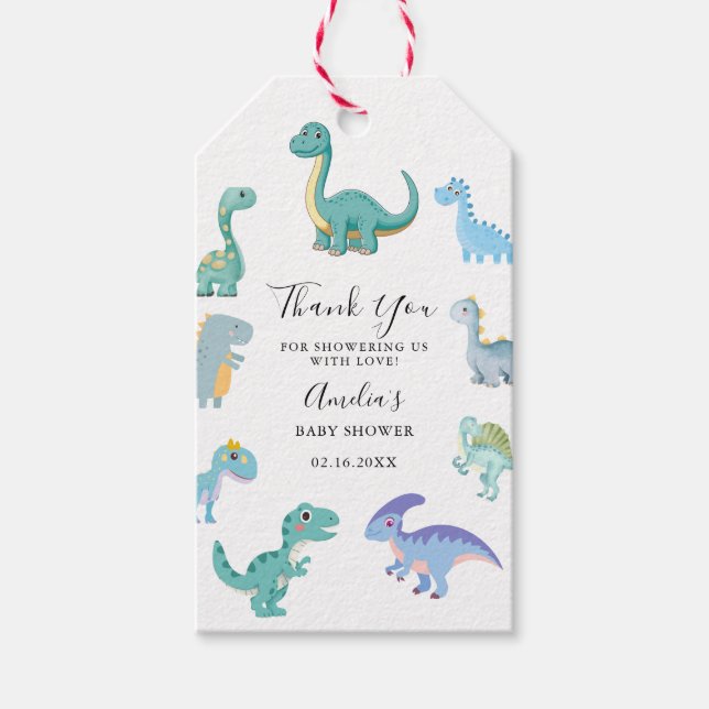 Stilfull dinosaurie-babyfirande vit presentetikett (Framsidan)