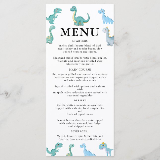 Stilfull dinosaurie-babyshower vit meny (Framsida)