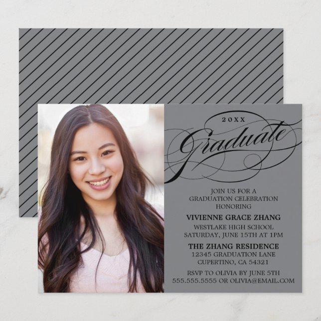 STILFULL ELEGANT SKRIFT GRADUATE FEST INBJUDAN (Fram/baksida)