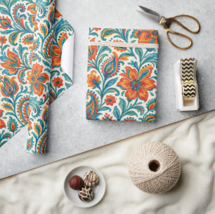 Stilfull etniskt färgrik Paisley blommig konstnärl Presentpapper