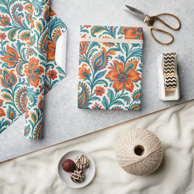 Stilfull etniskt färgrik Paisley blommig konstnärl Presentpapper (Hantverk)