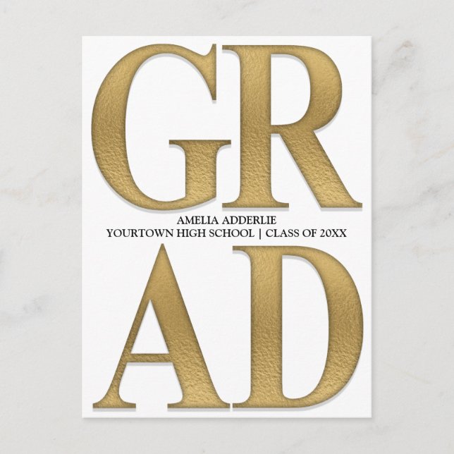 Stilfull examensannonsering inbjudan vit guld vykort (Framsida)