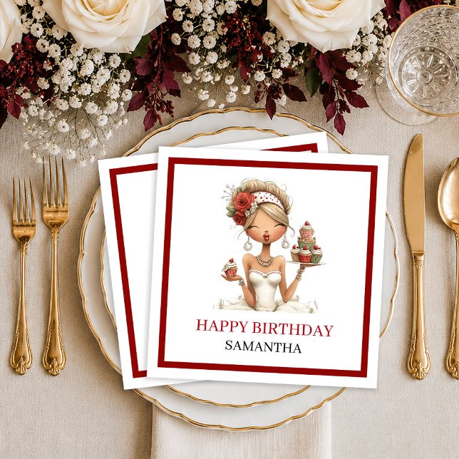 Stilfull Excentrisk Kvinna Marsala Handskriven Föd Pappersservett (Stylish Quirky Woman Marsala Script Birthday Napkins

)