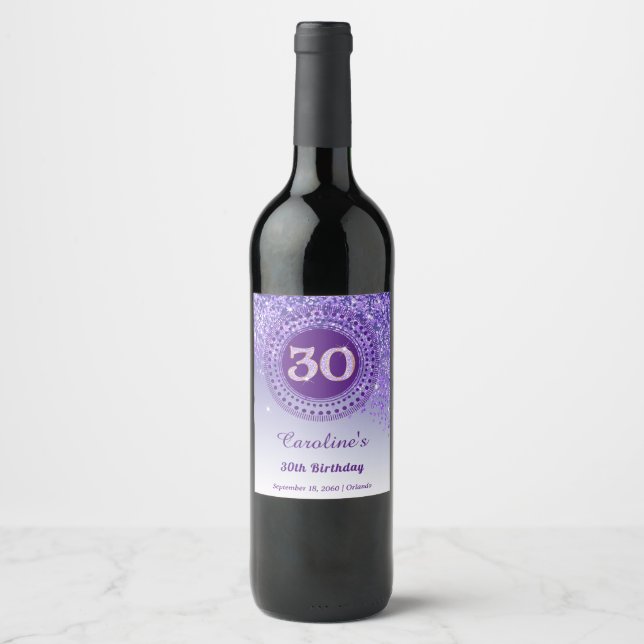 Stilfull fallande lila glitter 30-årsdag vinflaska etikett (Framsida)