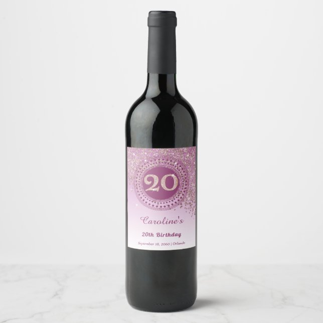 Stilfull fallande roséguld glitter 20-årsdag vinflaska etikett (Framsida)