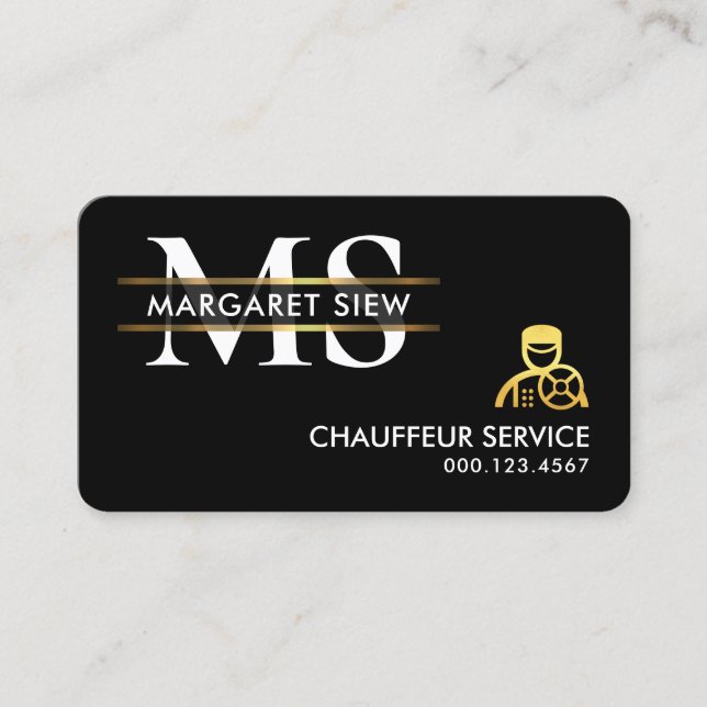 Stilfull förgylld chaufförsemblem med monogram visitkort (Framsida)