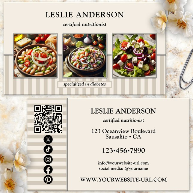 Stilfull Foto Dietist Nutritionist Hälsocoach Visitkort (Dietitian or nutritionist business card featuring your photos framed by a stylish tan striped design)