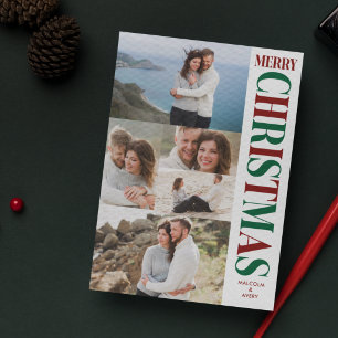 Stilfull fotokollage röd och grön God Jul Julkort