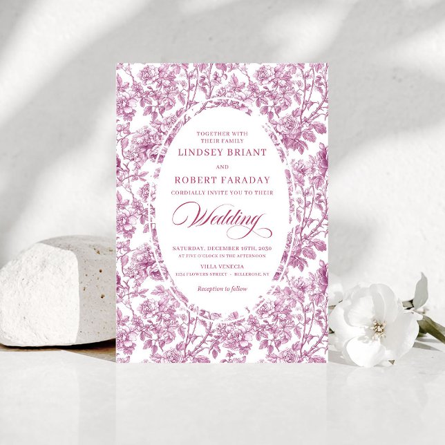 Stilfull fuchsia rosa guld Toile blommig bröllop  Inbjudningar (Stylish Fuchsia Rose Gold Toile Floral Wedding Invitation)