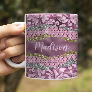 Stilfull glitterig blom- monogram i lila rosa guld kaffemugg