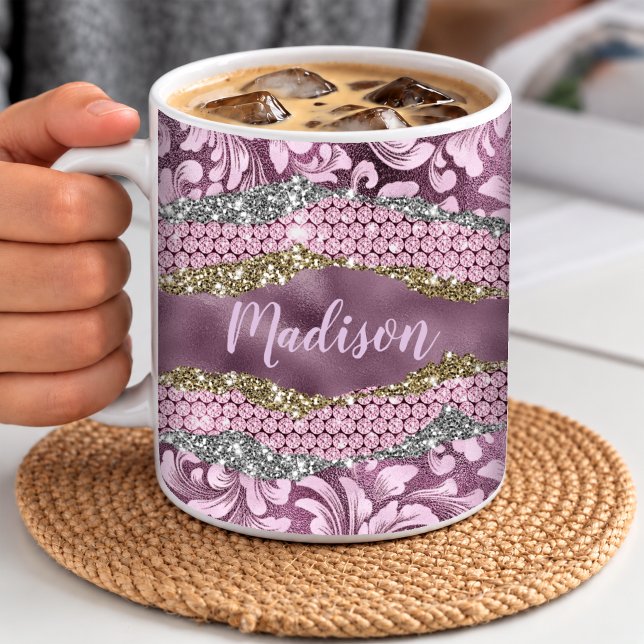 Stilfull glitterig blom- monogram i lila rosa guld kaffemugg (Skapare uppladdad)