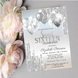 Stilfull glittrig silverdropp Ballonger Sweet 16 Inbjudningar