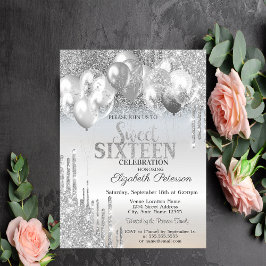 Stilfull glittrig silverdropp Ballonger Sweet 16 Inbjudningar
