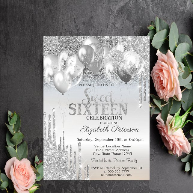 Stilfull glittrig silverdropp Ballonger Sweet 16 Inbjudningar (Skapare uppladdad)