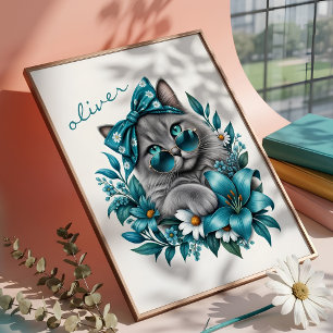 Stilfull Grå Katt Teal Blommig Illustration Anpass Poster