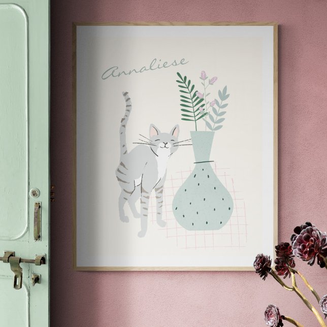Stilfull Grå Katt Teal Blommig Illustration Anpass Poster (Skapare uppladdad)