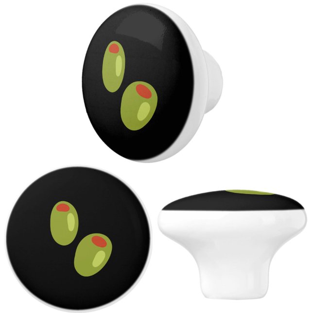 Stilfull grön oliv på svart byråskåp knopp (Stylish green olive on black ceramic knob pulls, great for kitchen cupboards or drawers.)