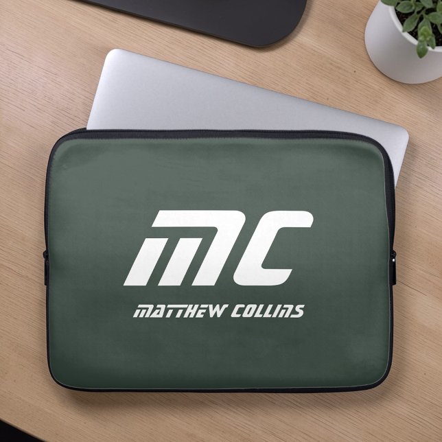 Stilfull grön personlig monogram manlig  laptop fodral (Stylish Green Personalized Monogram Masculine Laptop Sleeve)