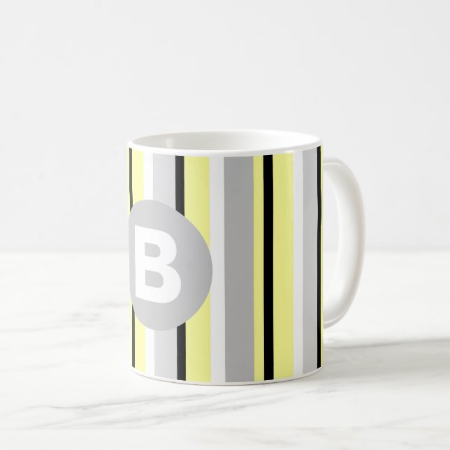 Stilfull gul och grå randig monogram kaffemugg (Framsida höger)