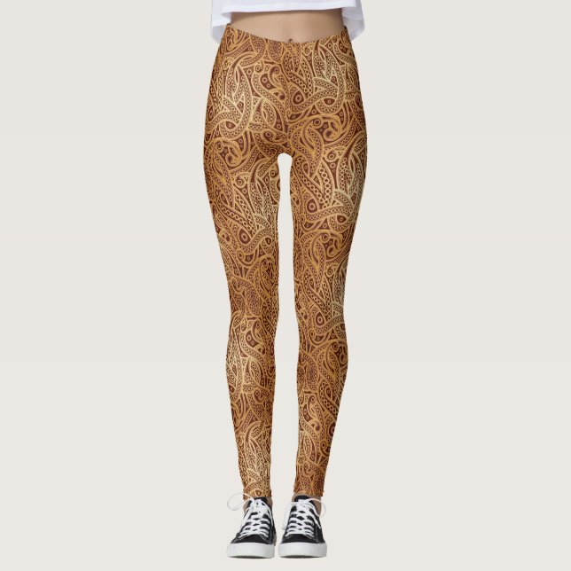 Stilfull guld- brun Paisley damasker Leggings (Framsida)