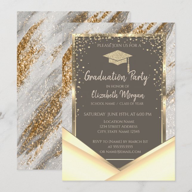 Stilfull Guld Glitter Penseldrag Examen Inbjudningar (Fram/baksida)