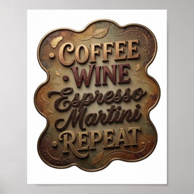 Stilfull guld KAFFE VIN ESPRESSO MARTINI REPETERAR Poster (Framsidan)