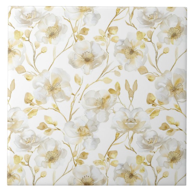 Stilfull guld vita blommor bröllopsdusch kakelplatta (Framsidan)