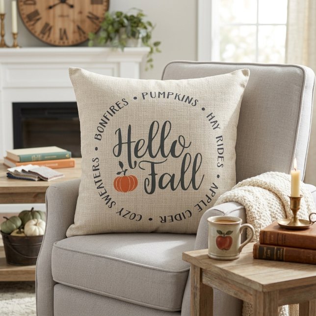 Stilfull Hej Höst Klassisk Höst Kudde (Stylish Hello Fall Classic Autumn Throw Pillow.  Bonfires, Pumpkins, Hay Rides, Cozy Sweaters, Cider)