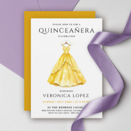Stilfull honungsgul Quinceañera-dräkt vattenfärg Inbjudningar