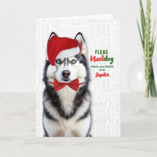 Stilfull Husky Hund Roliga Loppor Navidog med Namn Helgkort