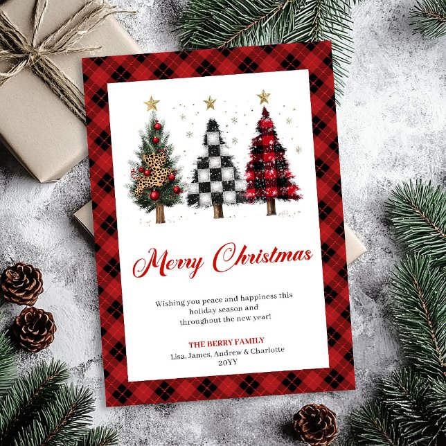 Stilfull julgran i Buffalo-ruta redigerbar kort (Stylish Buffalo Plaid Christmas Tree Editable Card)