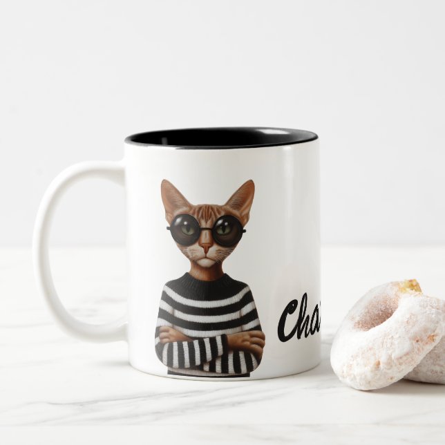 Stilfull katt med runda glasögon Två-Tonad mugg (Med munk)